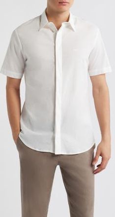 Emporio Armani Textured Stripe Short Sleeve Knit Cotton Button-Up Shirt in Solid White at Nordstrom Rack, Size X-Large