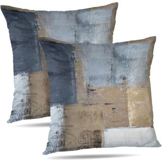 OEM Juego De Dos Fundas De Almohada De 20x20 Cm En Gris Y Marr&oacute;n, Adem&aacute;s De Una Funda Decorativa Cuadrada Azul Con Estampado Abstracto. Fundas Suaves Idea