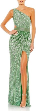 Mac Duggal Sequined One Shoulder Draped Lace Up Gown in Sage at Nordstrom, Size 10