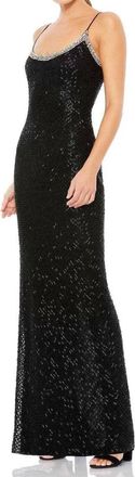 Mac Duggal Beaded Spaghetti Strap Column Gown In Black