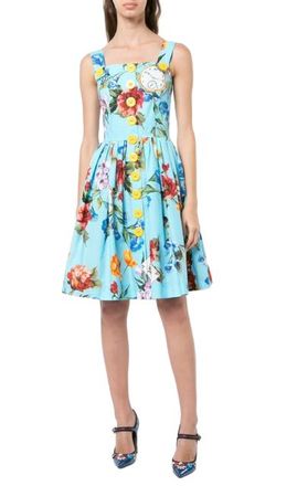 Dolce & Gabbana Blue Floral Print Cotton-poplin Dress Size M