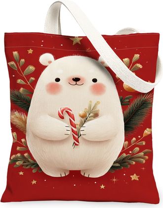 Generic Festive Bear Canvas Tote Bags, Cute Animal Pattern Reusable Shopping Bags, Holiday Lightweight Washable Shoulder Strap Canv, Red, 13x15 Inch