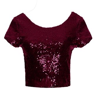 Generic Y2K Sequin Crop Top Womens Metallic Glitter Shirt Slim Fit Party Wear Rave Concert Outfit Club Night Fashion Retro Style Top(Red, S)