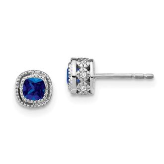 Diamond2Deal 10k White Gold Cushion Sapphire and Diamond Stud Earrings
