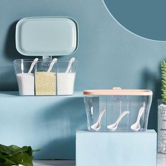 No Brand Especiero De Pl&aacute;stico Con Tapa, Dise&ntilde;o Transparente, Tres Compartimentos, Tapa Y Cuchara. Caja De Almacenamiento De Especias Para Cocina (rosa, Azul)