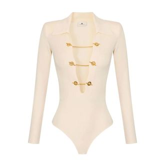Elisabetta Franchi Gebreide Bodysuit met Juwelenkettingen - Dames - Tops - Beige - Maat: S Viscose