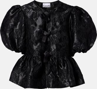 Ganni Bow-detail floral peplum satin blouse