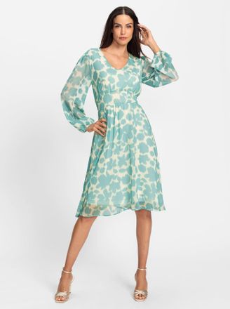 Heine Druckkleid HEINE Druck-Kleid, Damen, Gr. 46, Normalgr&ouml;ssen, beige (champagner, mint, bedruckt), 100% Polyester, bedruckt, gebl&uuml;mt, gemustert, knielang