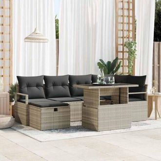 vidaXL Vidaxl - Conjunto De Sof&aacute; De Jard&iacute;n Con Coj&iacute;n 7 Pcs Gris Claro Polirat&aacute;n