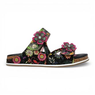Laura Vita Laura Vita Dames Brcyano 32 Zwarte Leren Sandalen met Bloemenprint en Bandjes
