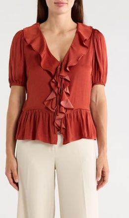 T Tahari Puff Sleeve Ruffle Peplum Top in Rust at Nordstrom Rack, Size X-Small