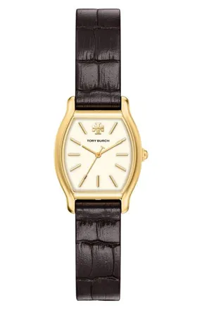 Tory Burch Eleanor Curve Croc Embossed Leather Strap Watch, 23mm x 31mm in Brown at Nordstrom