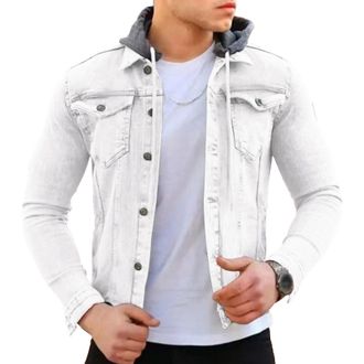 Generic Mens Distressed Denim Jacket Slim Fit Casual Hoodie Trucker Jean Jacket Long Sleeve Lightweight Spring Jackets White Medium