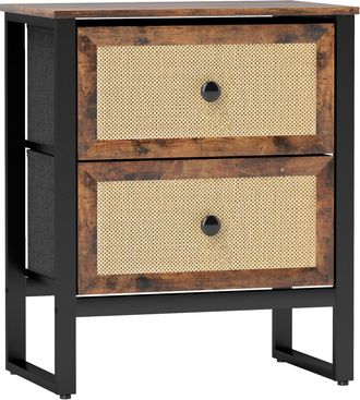 HOMCOM Bedside Table With 2 Rattan Drawers And Steel Legs - Rustic Brown | TJ Hughes