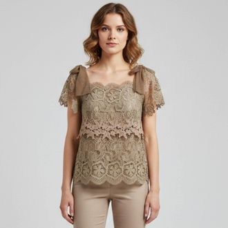 Alberta Ferretti Beige Silk And Lace Ruffled Sleeveless Top