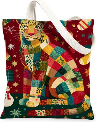 Generic Holiday Animal Canvas Tote Bags, Colorful Leopard Design Reusable Grocery Bags, Vintage Lightweight Washable Shoulder Strap, Red, 13x15 Inch