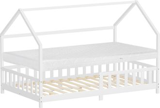 ML Design Ml-design Cama Infantil 120x200 Cm Branco Forma De Casa Con Colch&oacute;n, Protecci&oacute;n Antica&iacute;da, Techo Y Somier, De Madera Maciza De Pino, Lecho Doble Monte