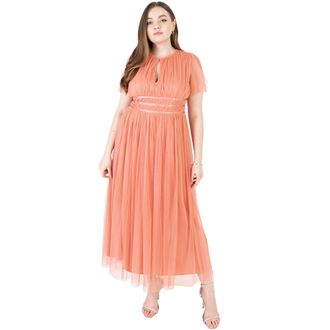 Anaya with Love Ladies Midaxi Dress for Women High Waist Keyhole Short Flutter Sleeve Crew Neckline for Wedding Guest Bridesmaids Prom Coral Pink Size 8