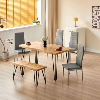 Kosy Koala Modern Dining Table Set With Bench & 4 Grey Faux Leather Chairs Dining Room Furniture in Brown