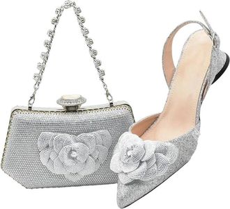 Generic Womens Rhinestone Design Italian Shoes and Bag Set Party Luxury Wedding Party Pumps Silver