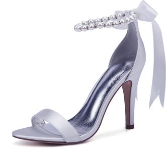 Generic Wedding Shoes Womens Satin Ankle Strap Bridal High Heelsheeled Open Toe Prom Party Dress Stiletto Sandals 10.5Cm,White,7 UK