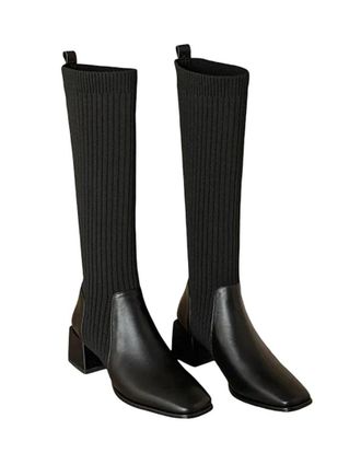 Generic Womens Knitted Long Boots Knee-High Socks Slip-On High Heels Vintage Elastic