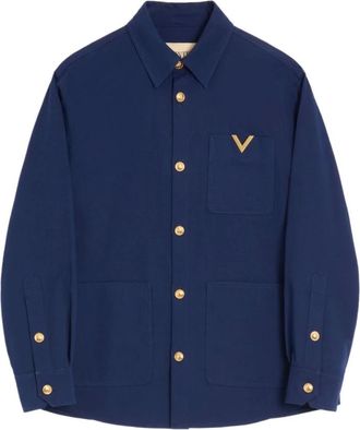 Valentino Light Jackets, male, Blue, Size: M Sobrecamisa Bolsillos Logo Dorado