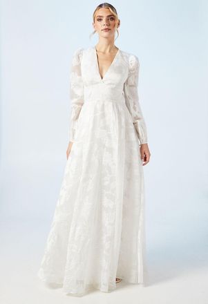 Coast Plunge Neck Organza Jacquard Blouson Sleeve Wedding Dress
