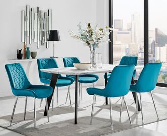 Furniturebox Andria Marble Effect Dining Table With Black Legs & 6 Pesaro Velvet Silver Leg Chairs in Blue