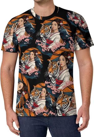 Generic Japanese Kimono Tiger Cherries Flowers Mens T-Shirts Athletic Crew Neck Tee Mesh Quick Dry Summer Tops 6XL