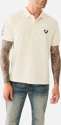 True Religion Mens True Religion Mens Polo Shirt Relaxed Fit SS Damask Velour Pique Polo Shirts - Cream - Size: 36