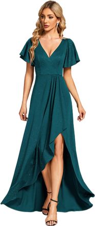 Ever-pretty Evening Dress Womens Deep V-Neck High Slit Sequin Ruffles Sleeves A-Line Party Prom Dress Teal 12UK