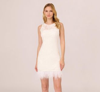 Adrianna Papell Sleeveless Floral Lace Dress With Feather Trim In Ivory