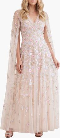 Needle & Thread Ethereal Blooms Cape Sleeve Ankle Gown in Cream/multi at Nordstrom, Size 16