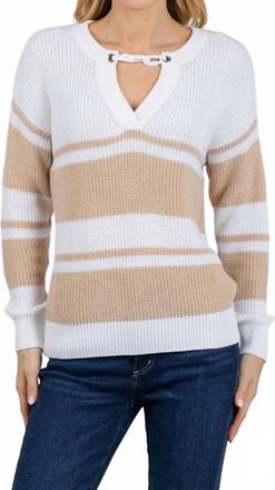 Autumn Cashmere Shaker Stripe Sweater With Crochet Chain Detail In Bleach White/latte