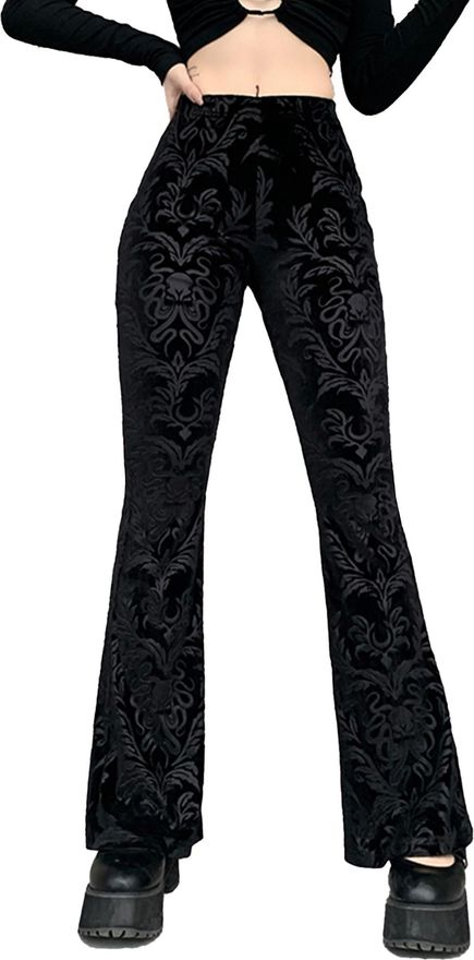 Womens Gothic Flared Velvet Trousers Black S High Waisted Bell Bottoms See Through Flare Trousers for Women UK Holllow Out Skinny Slim Fit Punk Goth P