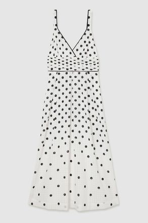 Reiss Womens White & Black Polka Dot Midi Dress, Size: 14