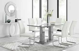 Furniturebox Imperia Grey Modern High Gloss Dining Table & 6 Lorenzo Dining Chairs Set in Off-White