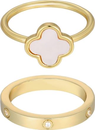 Adornia Set of 2 Mother-of-Pearl Clover & Cubic Zirconia Band Rings in Gold/White at Nordstrom Rack, Size 7