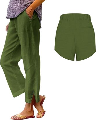 Generic Cotton Linen Trousers Womens Summer Loose Palazzo Lounge Pants With Pockets Elastic Waist Wide Leg Boho Trousers Ladies Casual Tracksuit Bottom Jogger