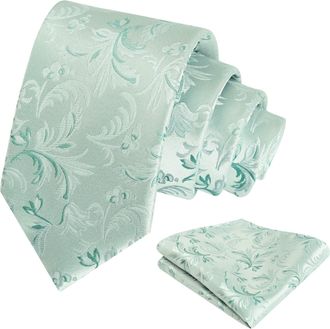 Alizeal Mens 8cm Floral Ties with Handkerchief for Formal Wedding Flower Necktie Set, Sage Green