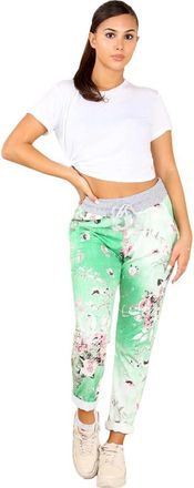 Generic Faozo Womens Italian Printed Turn Up Trouser - Ladies Floral Elasticated Waistband Causal Summer Drawstring Pant with Side Pockets Gym Running Workout