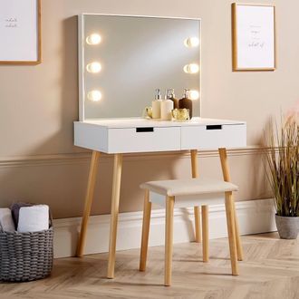 Home Source Industries Dressing Table 2 Drawer Vanity Set Mirror Makeup Desk Padded Stool in White