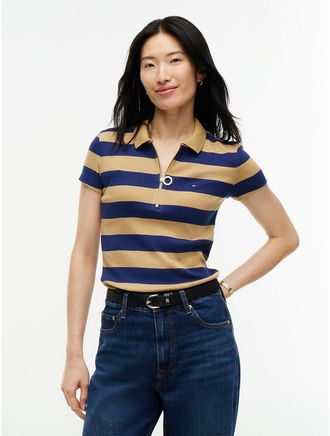 Tommy Hilfiger Womens Slim Fit Rugby Striped Zip Polo - Classic Khaki - XXL