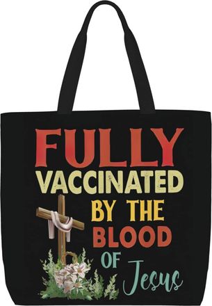 Generic Women Handbag Fully Vaccinated By The Blood Of Jesus Ladies Shopping Shoulder Bag Reusable Fashion Beach Travel Bags, For Wedding, Work, School, Gradu