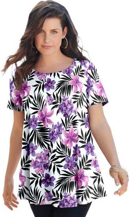 Roaman's Plus Size Ultimate Cotton Crewneck Short Sleeve Swing Tee in Purple Tropical Floral at Nordstrom, Size Medium