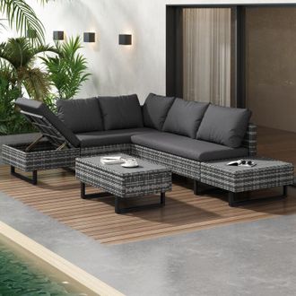 C&A Grey Poly Rattan Garden Lounge Set for 4-5 People with Corner Sofa,Table,Cushions&Washable Covers