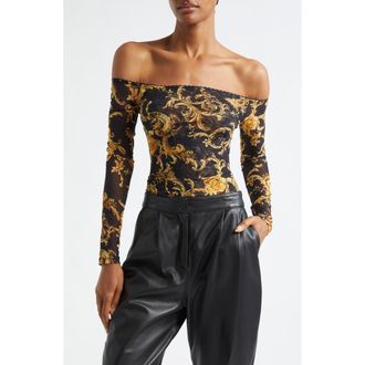 L'agence Peonie Off the Shoulder Mesh Bodysuit in Black/Gold Barocco Swirl at Nordstrom Rack, Size X-Small