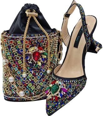 Generic Womens Stiletto High Heel Shoes and Gold Chain Handbag Set Sparkly Rhinestone Big Crystal Decoration