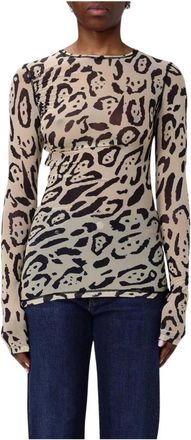 Sportmax Long Sleeve T-Shirts, female, Multicolor, L, Leopard Print Mesh Top